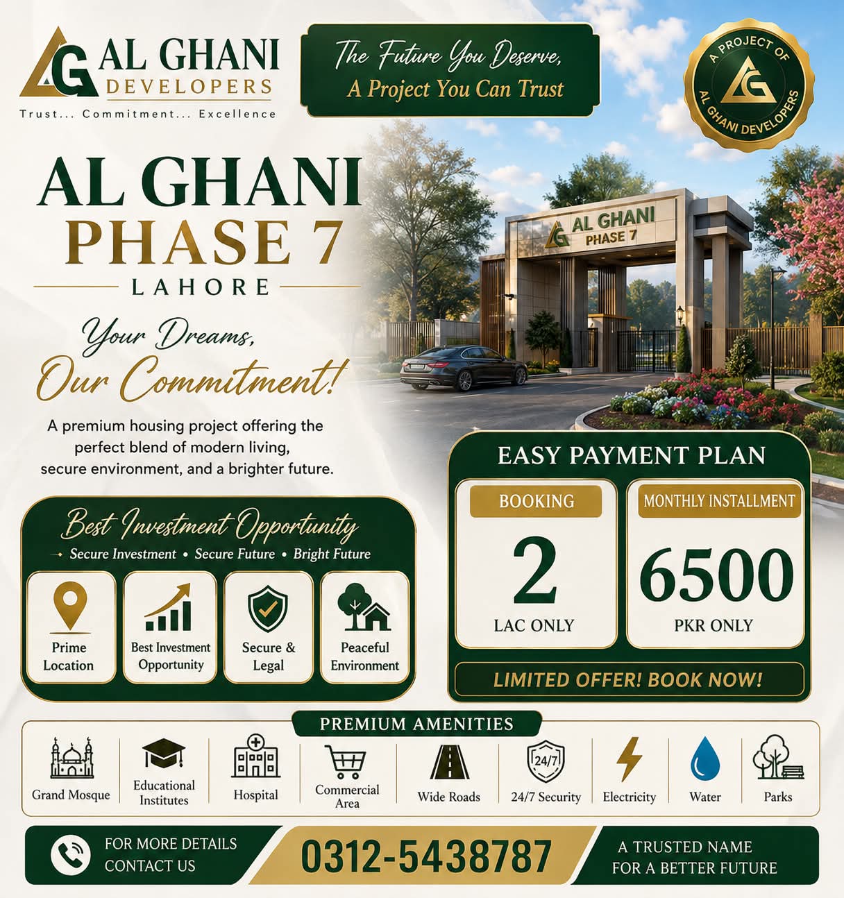 Zavia Block official poster — Al Ghani Phase 7 Lahore, easy payment plan with 2 Lac booking and PKR 6,500 monthly installment